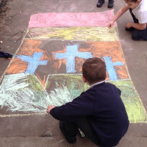 As part of our learning about Good Friday, we made Alfombras. These are usually made out of coloured sand or sawdust in Antigua and E Salvador to remember Good Friday.