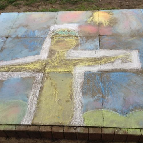 As part of our learning about Good Friday, we made Alfombras. These are usually made out of coloured sand or sawdust in Antigua and E Salvador to remember Good Friday.